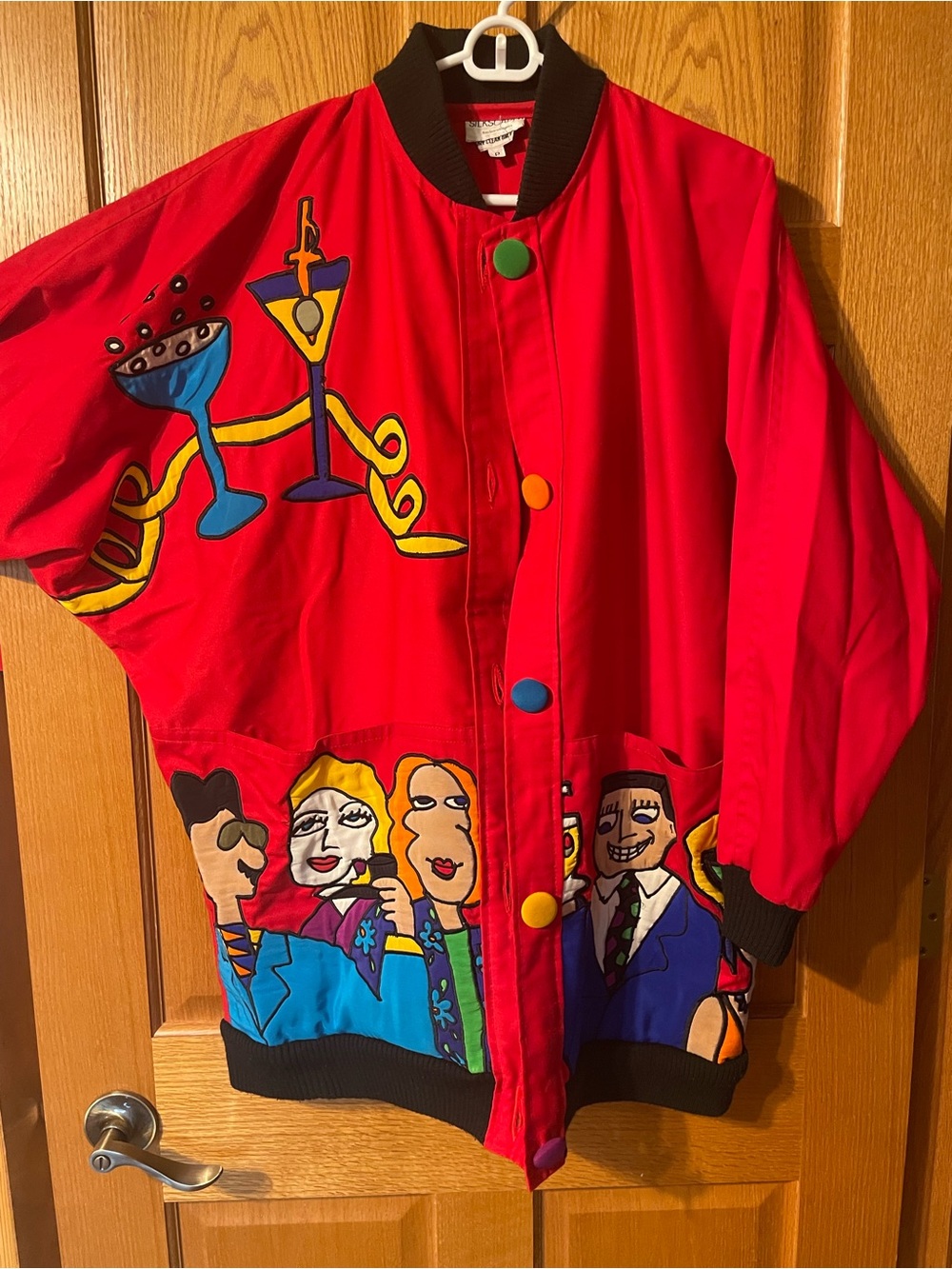 Silkscapes Vintage Red Graphic Bomber Jacket with Colorful Character Art